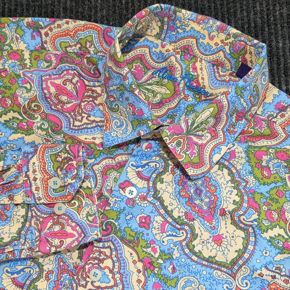 Alan Flusser Button Down Shirt Large Blue Paisley Excellent Long Sleeve Cotton - Picture 4 of 12